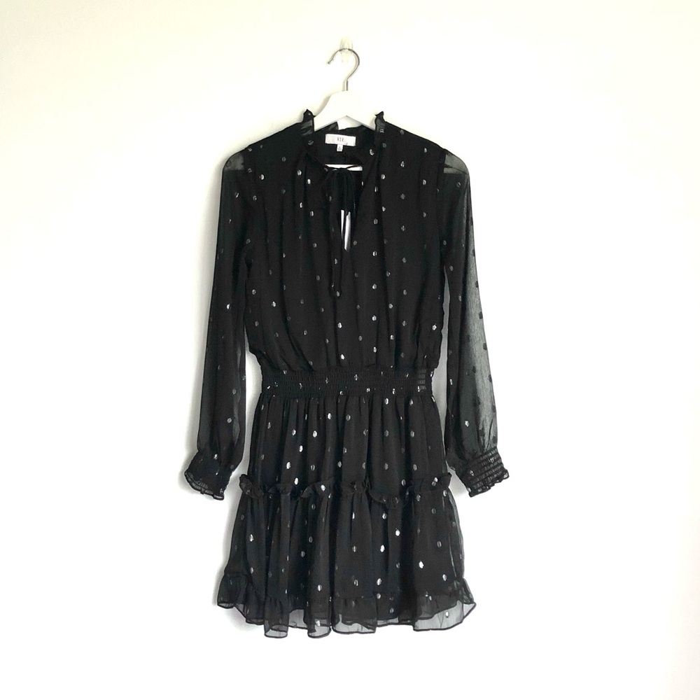 NWT NSR Black / Silver Metallic Polka Dot Ruffle Long Sleeve Dress Size Small